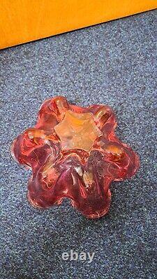 Vintage Bohemia Josef Hospodka Art Glass Bowl 1960s Heavy Cranberry Dish and Vas