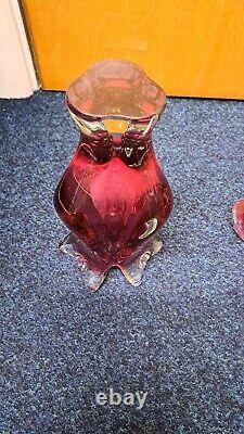 Vintage Bohemia Josef Hospodka Art Glass Bowl 1960s Heavy Cranberry Dish and Vas