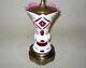 Vintage Bohemian Czech Cased White to Cranberry Pink Glass LAMP hndpntd Flwrs