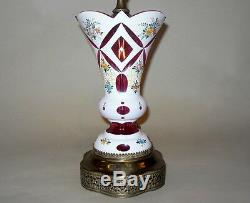 Vintage Bohemian Czech Cased White to Cranberry Pink Glass LAMP hndpntd Flwrs