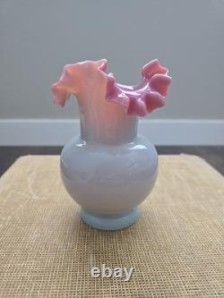 Vintage Bohemian Fireglow Art Glass Vase Pink Lined Top w Light Opaque Greyish