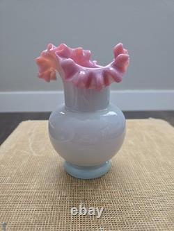 Vintage Bohemian Fireglow Art Glass Vase Pink Lined Top w Light Opaque Greyish