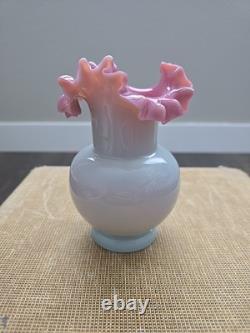 Vintage Bohemian Fireglow Art Glass Vase Pink Lined Top w Light Opaque Greyish