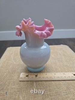 Vintage Bohemian Fireglow Art Glass Vase Pink Lined Top w Light Opaque Greyish