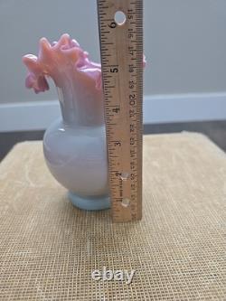 Vintage Bohemian Fireglow Art Glass Vase Pink Lined Top w Light Opaque Greyish