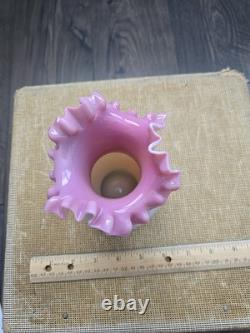 Vintage Bohemian Fireglow Art Glass Vase Pink Lined Top w Light Opaque Greyish