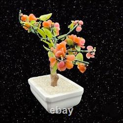Vintage Bonsai Tree Art Glass Jade Rose Quarts Soft Pink Flowers 8t 7w