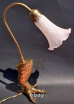 Vintage Brass Eagle Claw with pink Lily glass shade Table Desk Lamp. Art deco