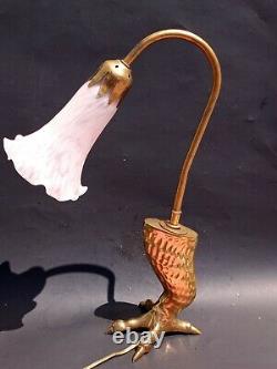 Vintage Brass Eagle Claw with pink Lily glass shade Table Desk Lamp. Art deco