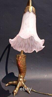 Vintage Brass Eagle Claw with pink Lily glass shade Table Desk Lamp. Art deco