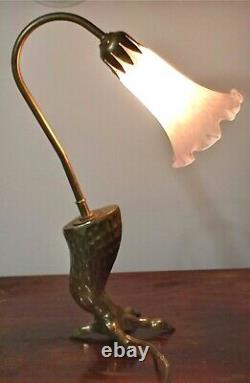 Vintage Brass Eagle Claw with pink Lily glass shade Table Desk Lamp. Art deco