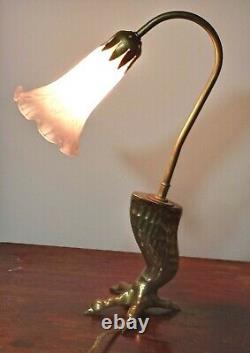 Vintage Brass Eagle Claw with pink Lily glass shade Table Desk Lamp. Art deco