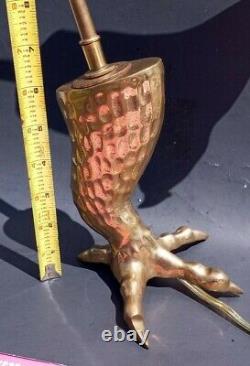 Vintage Brass Eagle Claw with pink Lily glass shade Table Desk Lamp. Art deco