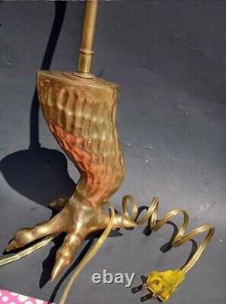 Vintage Brass Eagle Claw with pink Lily glass shade Table Desk Lamp. Art deco