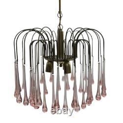Vintage Chandelier Teardrop Pink Glass Gold Ceiling Light Fixture Art Deco