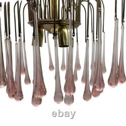 Vintage Chandelier Teardrop Pink Glass Gold Ceiling Light Fixture Art Deco