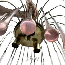Vintage Chandelier Teardrop Pink Glass Gold Ceiling Light Fixture Art Deco