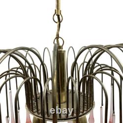 Vintage Chandelier Teardrop Pink Glass Gold Ceiling Light Fixture Art Deco