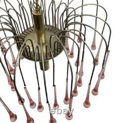 Vintage Chandelier Teardrop Pink Glass Gold Ceiling Light Fixture Art Deco