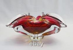Vintage Chribska glass bowl, stunning Bohemian pink and gold sommerso style dish