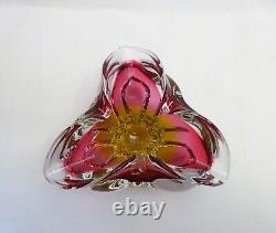 Vintage Chribska glass bowl, stunning Bohemian pink and gold sommerso style dish