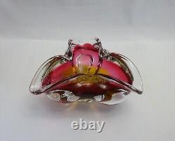 Vintage Chribska glass bowl, stunning Bohemian pink and gold sommerso style dish