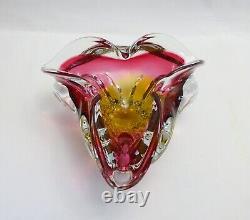 Vintage Chribska glass bowl, stunning Bohemian pink and gold sommerso style dish