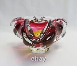 Vintage Chribska glass bowl, stunning Bohemian pink and gold sommerso style dish