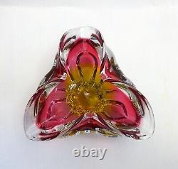 Vintage Chribska glass bowl, stunning Bohemian pink and gold sommerso style dish