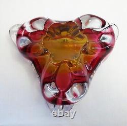 Vintage Chribska glass bowl, stunning Bohemian pink and gold sommerso style dish