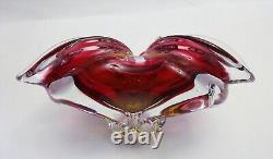 Vintage Chribska glass bowl, stunning Bohemian pink and gold sommerso style dish