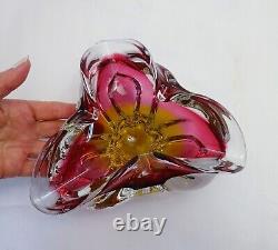 Vintage Chribska glass bowl, stunning Bohemian pink and gold sommerso style dish