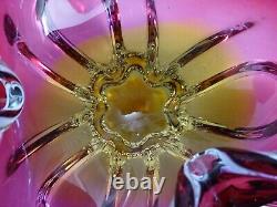 Vintage Chribska glass bowl, stunning Bohemian pink and gold sommerso style dish