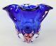 Vintage Cobalt Blue & Pink Sommerso Large Heavy Blown Ruffled Art Glass Vase