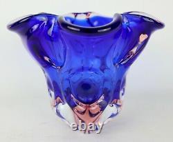 Vintage Cobalt Blue & Pink Sommerso Large Heavy Blown Ruffled Art Glass Vase