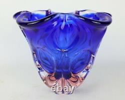 Vintage Cobalt Blue & Pink Sommerso Large Heavy Blown Ruffled Art Glass Vase