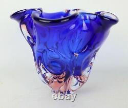 Vintage Cobalt Blue & Pink Sommerso Large Heavy Blown Ruffled Art Glass Vase