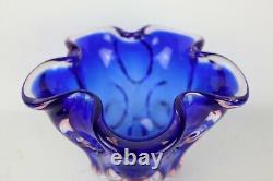 Vintage Cobalt Blue & Pink Sommerso Large Heavy Blown Ruffled Art Glass Vase