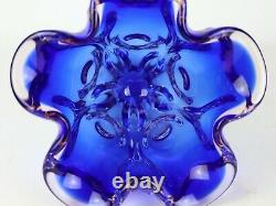 Vintage Cobalt Blue & Pink Sommerso Large Heavy Blown Ruffled Art Glass Vase