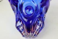 Vintage Cobalt Blue & Pink Sommerso Large Heavy Blown Ruffled Art Glass Vase