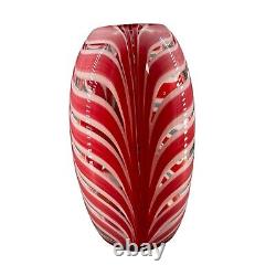 Vintage Czech Bohemian Hand Blown Art Glass Pulled Feather Statement Vase Red