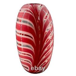Vintage Czech Bohemian Hand Blown Art Glass Pulled Feather Statement Vase Red