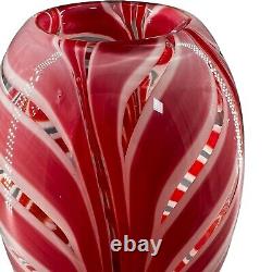 Vintage Czech Bohemian Hand Blown Art Glass Pulled Feather Statement Vase Red