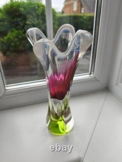 Vintage Czech Chribska pink & opal art glass vase design by Josef Hospodka C1970