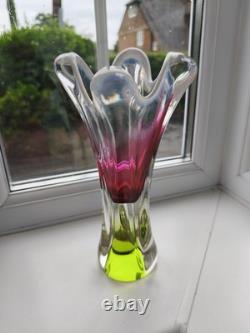 Vintage Czech Chribska pink & opal art glass vase design by Josef Hospodka C1970