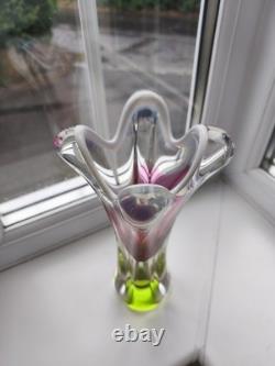 Vintage Czech Chribska pink & opal art glass vase design by Josef Hospodka C1970