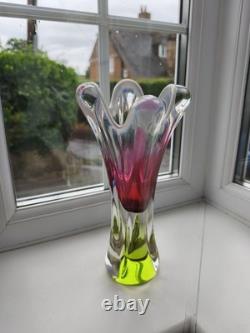 Vintage Czech Chribska pink & opal art glass vase design by Josef Hospodka C1970