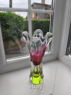 Vintage Czech Chribska pink & opal art glass vase design by Josef Hospodka C1970