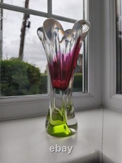 Vintage Czech Chribska pink & opal art glass vase design by Josef Hospodka C1970