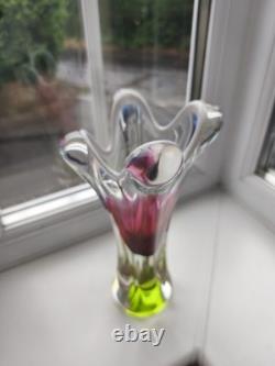 Vintage Czech Chribska pink & opal art glass vase design by Josef Hospodka C1970